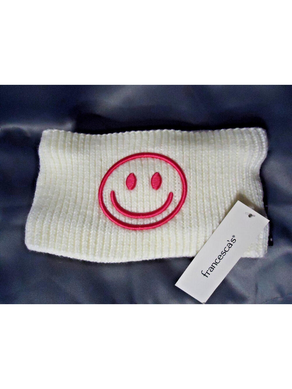 Francesca's Stacie Fleece Embroidered Smiley Earband OSFM Ivory